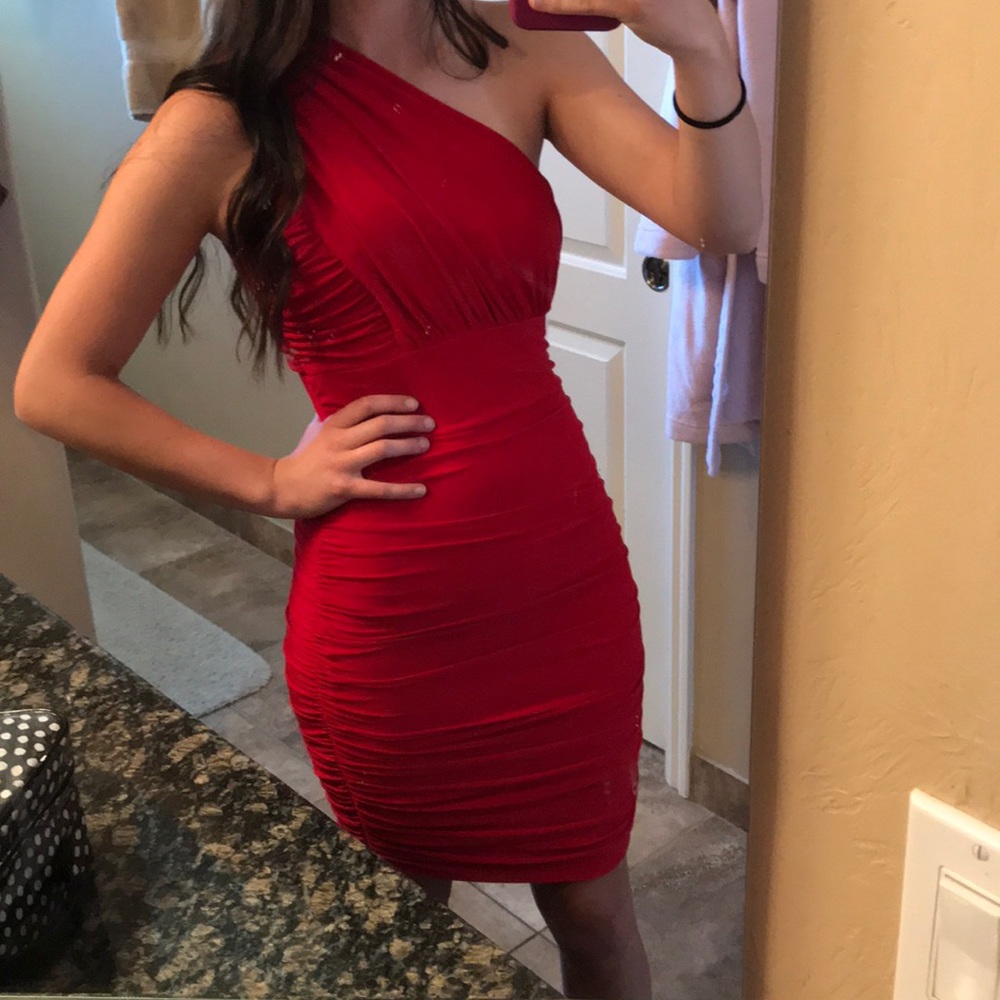 Red one shoulder mini dress